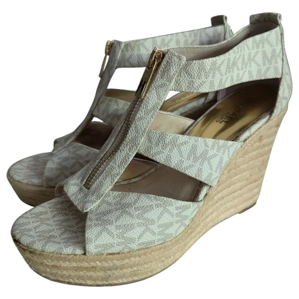 Michael Kors Vanilla Damita Logo MK Signature Wedge Sandals Women 7.5 Shoes - Picture 7 of 11